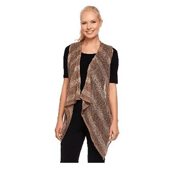 LOGO by Lori Goldstein Womens 3X Knit Crochet Cascading Vest Sequins Brown NWT - Picture 1 of 3